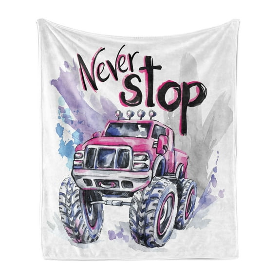 Monster Truck Soft Flannel Fleece Blanket, Watercolor Monster Car in Vibrant Colors with Inspirational Never Stop Words, Cozy Plush for Indoor and Outdoor Use, 50" x 60", Multicolor, by Ambesonne