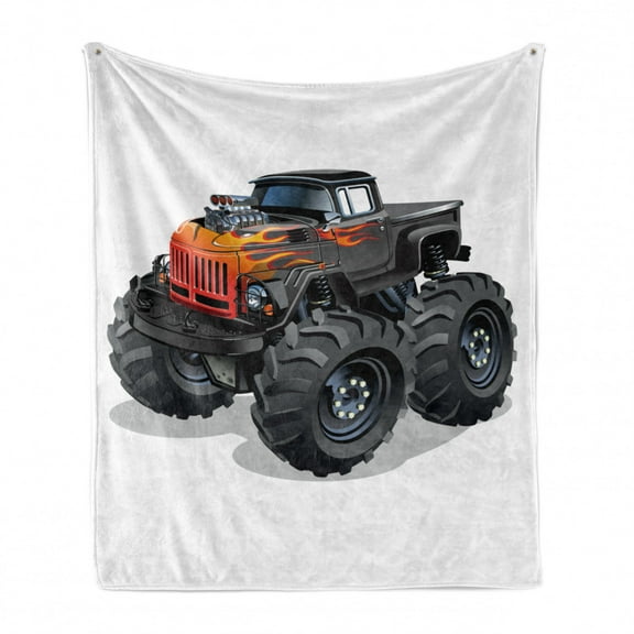 Monster Truck Soft Flannel Fleece Throw Blanket, Cartoon Truck with Enormous Wheels and Flames on Front Body, Cozy Plush for Indoor and Outdoor Use, 50" x 70", Charcoal Grey Vermilion, by Ambesonne