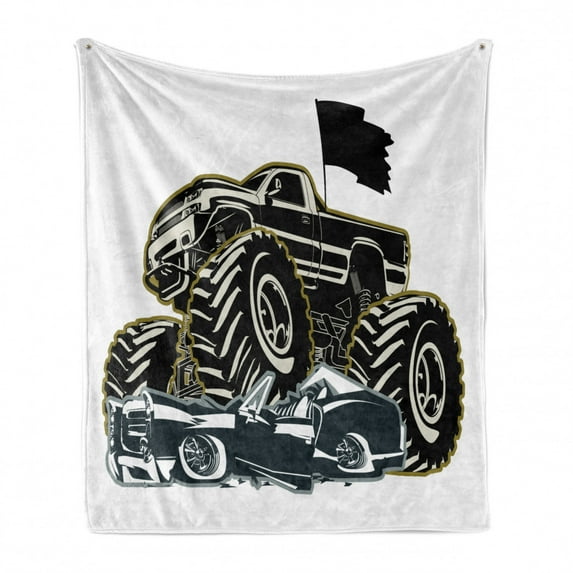 Monster Truck Soft Flannel Fleece Throw Blanket, Rubber Tyre Car Flattening a Vintage Vehicle Graphic Image, Cozy Plush for Indoor and Outdoor Use, 50" x 60", Charcoal Grey Coconut, by Ambesonne