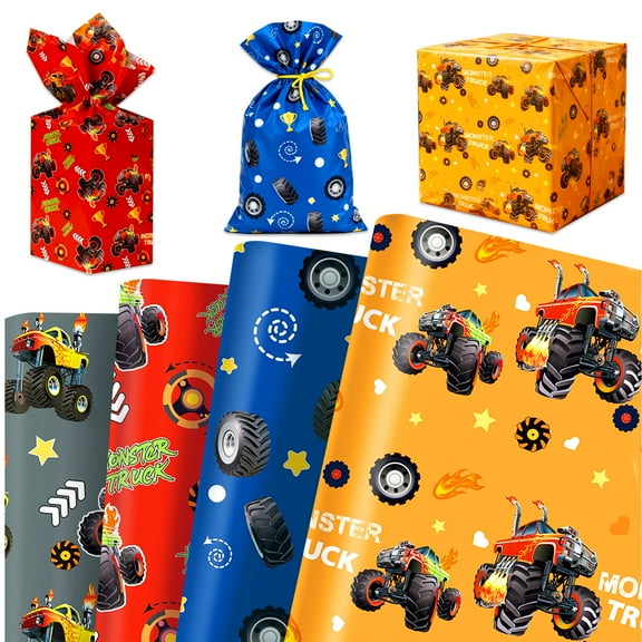 Monster Truck Theme Wrapping Paper 12-Pack - Vibrant Designs for Party Decor & Gift Wrapping