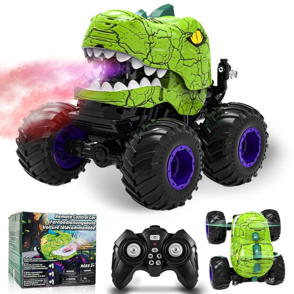 YCFUN RC Toy Monster Trucks for Boys, 360° Spins Stunt RC Cars for Kids with Spray, LED & Music, RC Dinosaur Toy for Boys Kids Ages 3-8