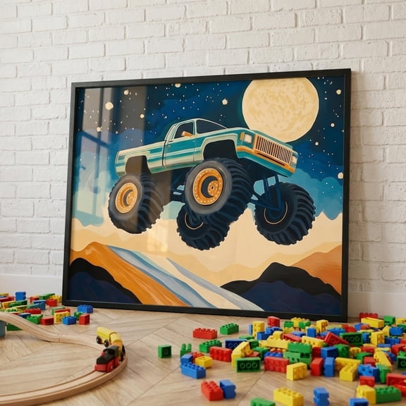Monster Truck Wall Art Full Moon Print Boys Room Off Road Decor Retro Unframed Paper Poster 8x10in