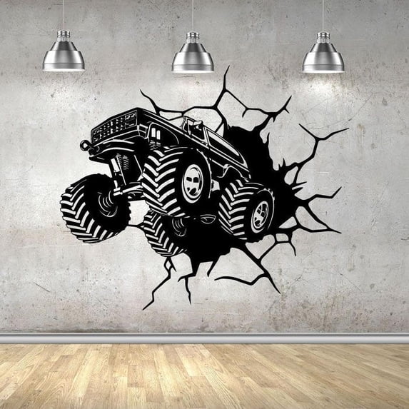 Monster Truck Wall Crash Trucks Wheels Toy Car Wall Sticker Art Decal for Girls Boys Room Bedroom Nursery Kindergarten House Fun Home Decor Stickers Wall Art Vinyl Decoration Size (35x40 inch)