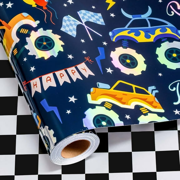 Monster Truck Wrapping Paper Roll, Reversible Checkered Flag Birthday Gift Wrap, Perfect for Kids and Boys Birthdays, 17 Inch x 33 Feet