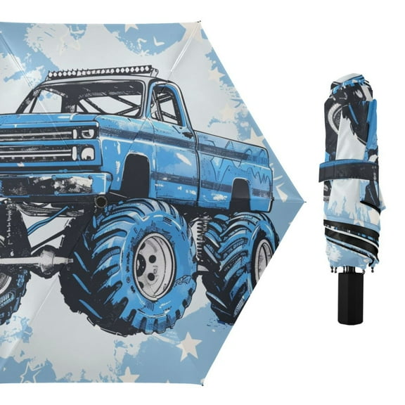 Monster Truck and Star Compact Sun Umbrella Windproof Travel Umbrellas for Rain Strong Portable UV Protection