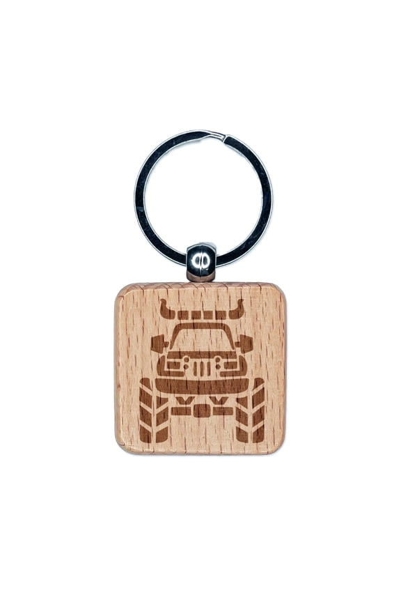 Monster Truck with Bull Horns Square Keychain Charm Tag - Engraved Wood