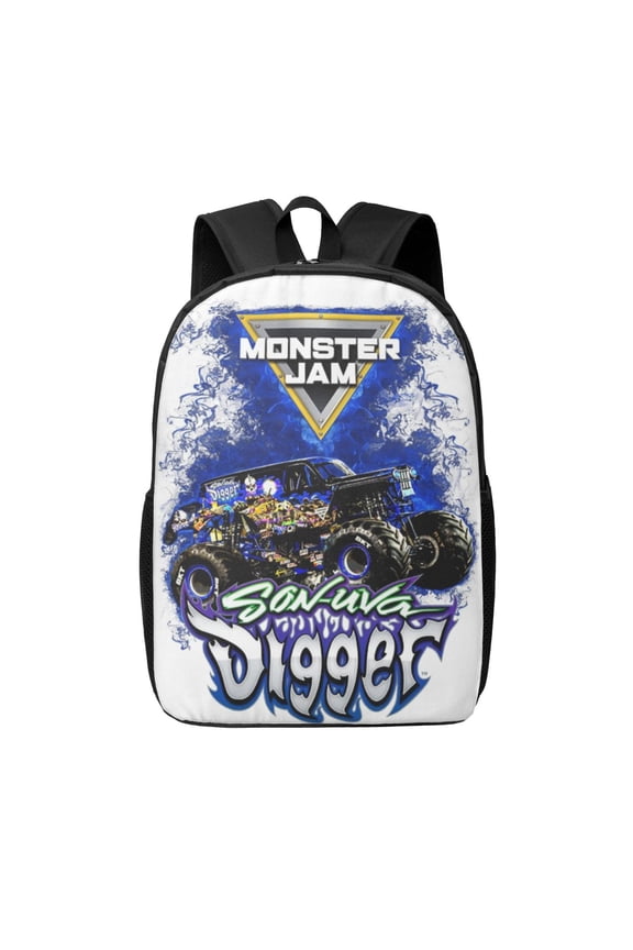 Monster Trucks Backpack Student Schoolbag Large Capacity Adjustable Shoulder Backpack for School Work Travel Unisex Gift for Student Adult Friends 17inch