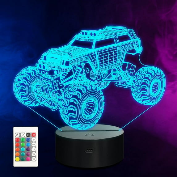 Monster Trucks for Boys, 3D Night Lights for Children Kids Nursery Lamp, 16 LED Colors Changing Lighting, Car Shape Acrylic Lamp Table Desk Bedroom Decoration, Cool Gifts Ideas Birthday Xmas