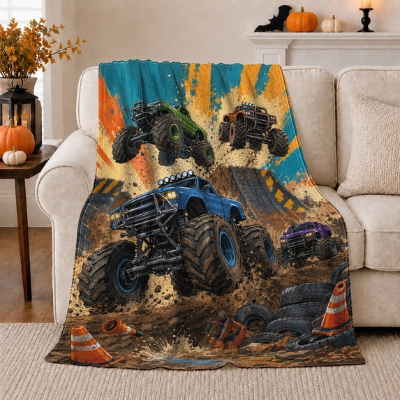 Monster Trucks Dirt Track Action Scene Bold Illustration, Dramatic Artistic Scene, Warm Flannel Blanket for Home Library and Reading Nook, Art Lovers Housewarming Gift, Artistic Home Decor
