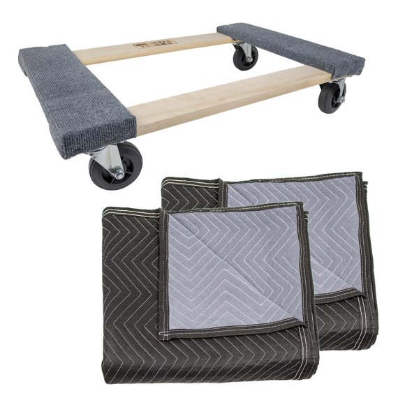 Monster Trucks MT10003 Wood 4-Wheel Dolly, Carpeted & 2 Pack MT10104 72" x 80" Economy Moving Blanket