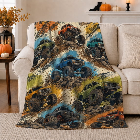 Monster Trucks in Mud Terrain, Gritty Grunge Style for Truck Lovers, Off Road Action Scene, Cozy Flannel Blanket for Game Room and Bedroom, Birthday Gift and Playful Home Decor
