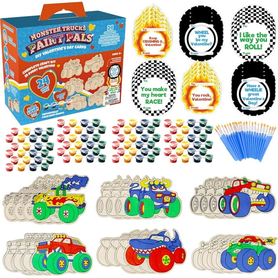 Monster Trucks Paint Pals- DIY Valentine's Day Cards - Paint your own - For Boys, Girls, & Kids