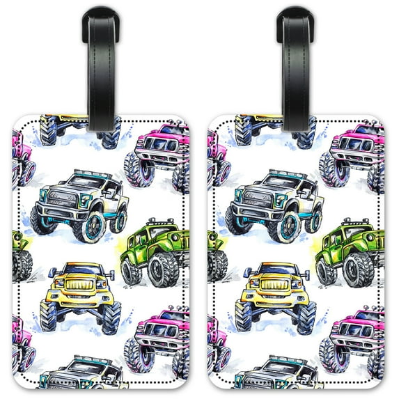Monster Trucks Watercolor - Luggage ID Tags / Suitcase Identification Cards - Set of 2