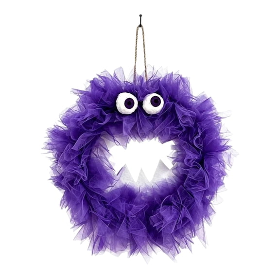 Monster Tulle Halloween Wreath for Front Door,Cute Fluffy Mesh Wreath with Googly Eyes Sharp Fangs,Whimsical Monster Face Hanging Wreath for Porch Wall Indoor Halloween Party Decorations Purple