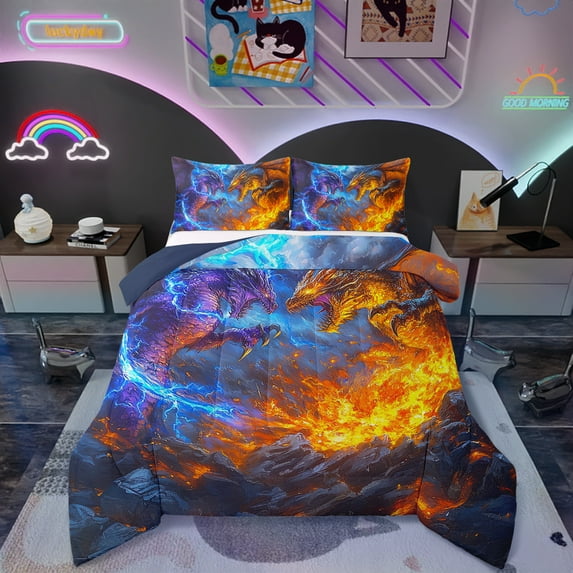 Monster Twin Size Comforter Set Magic Dragon Bedding Set Men, Magical Wildlife Animal Print Down Comforter Lightning Fire Anime Bed Set, Monster Theme Quilted Duvet