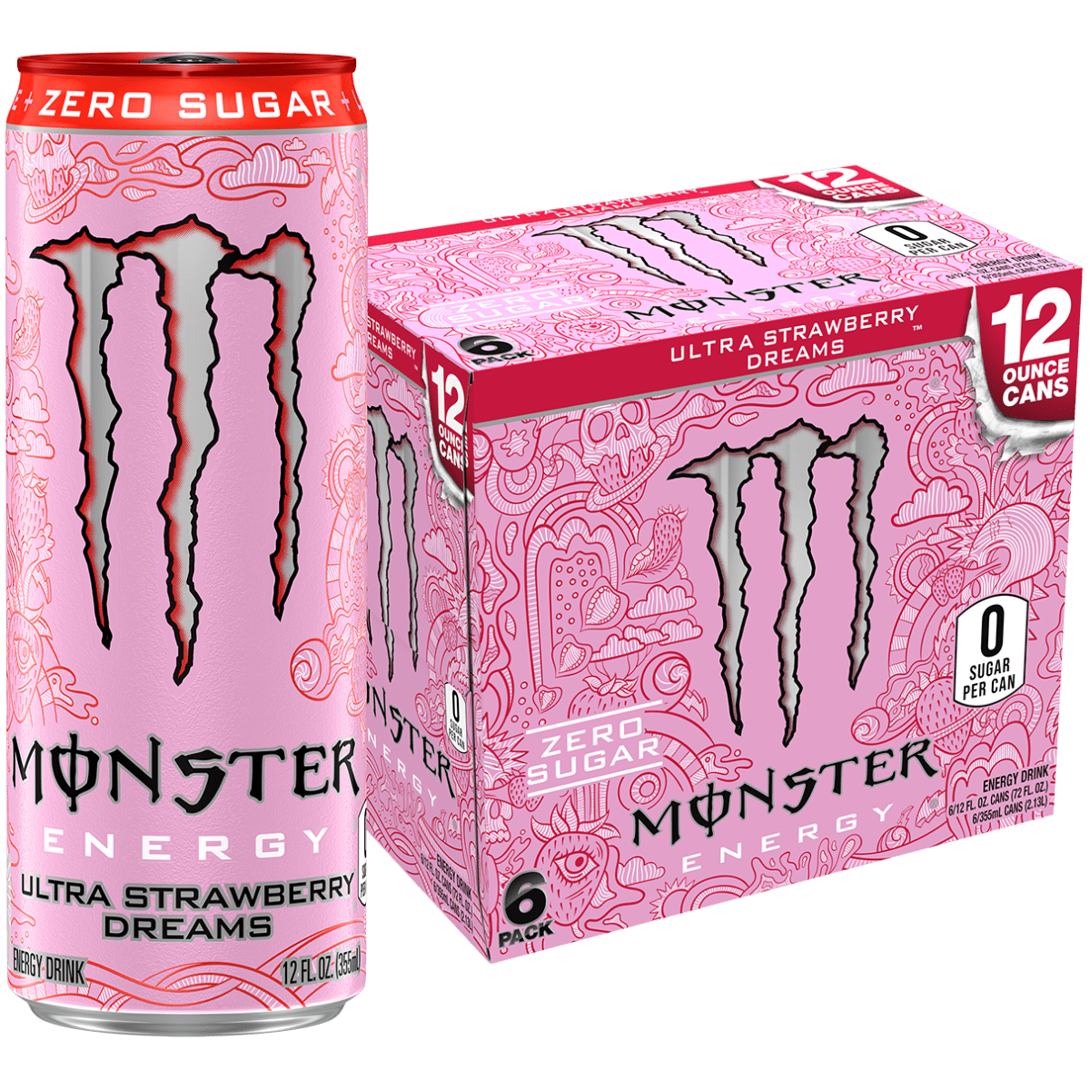 Monster Ultra Strawberry Dreams, Sugar Free Energy Drink, 12 fl oz, 6 Pack