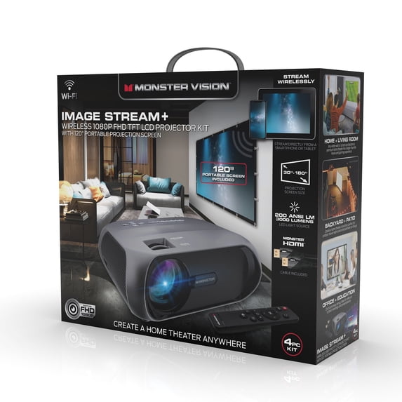 Monster Vision Wireless 1080p FHD TFT LCD Image Stream Projector with 120 inch Screen 30000 H