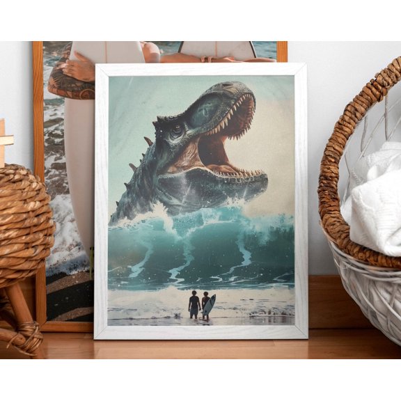 Monster Wall Art Beach House Poster Coastal Wall Art Surreal Print Art Surf Wall Art Ocean Print Dinosaur Poster Beach Wall Art Wall Art, Modern Wall Decor, 8x12 UNFRAMED