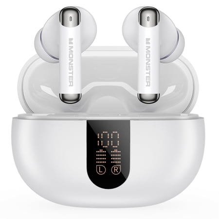 Monster Wireless Earbuds, Bluetooth 6.0 Stereo Headphones with Noise-Cancelling Mic and LED Display, Built-in Mic for Clear Calls, Waterproof Design for Sports, White