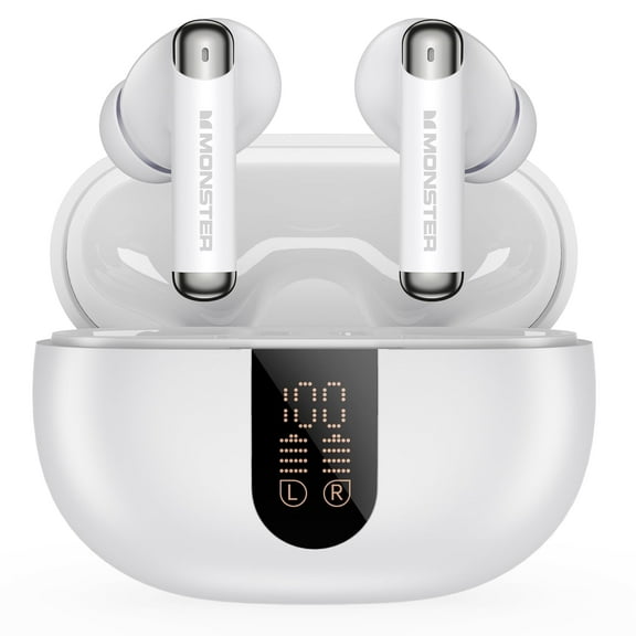 Monster Wireless Earbuds， Bluetooth 6.0 Stereo Headphones with Noise-Cancelling Mic and LED Display, Built-in Mic for Clear Calls, Waterproof Design for Sports, White