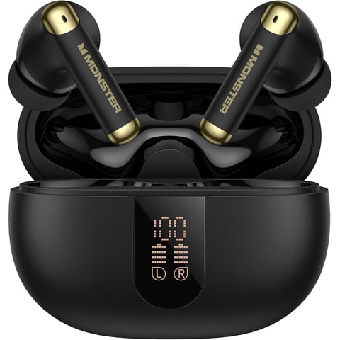 Monster Wireless Earbuds， Bluetooth 6.0 Stereo Headphones with Noise-Cancelling Mic and LED Display, Built-in Mic for Clear Calls, Waterproof Design for Sports