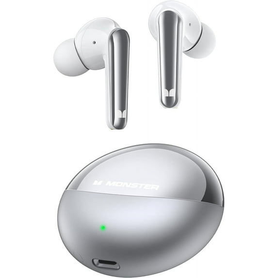 Monster Wireless Earbuds Bluetooth Earbuds HiFi Stereo, Wireless Earphones with 30H Playback, Type-C Charging, Clear Call, Touch Control, IPX6 Waterproof (Silver)