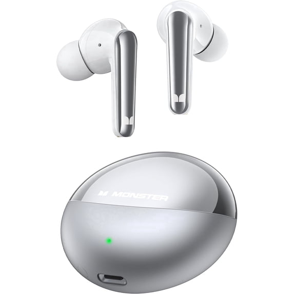 Monster Wireless Earbuds Bluetooth Earbuds HiFi Stereo, Wireless Earphones with 30H Playback, Type-C Charging, Clear Call, Touch Control, IPX6 Waterproof (Silver)