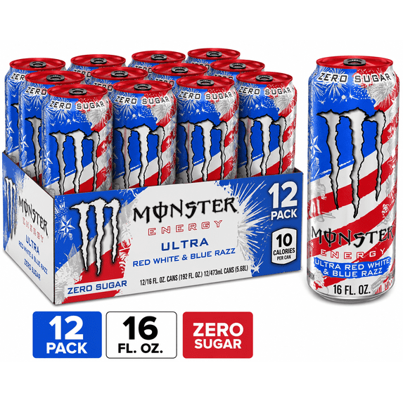 Monster Zero Sugar Ultra Red White & Blue Razz Energy Drink, Blue Raspberry, 16 fl oz Cans, 12 Cans