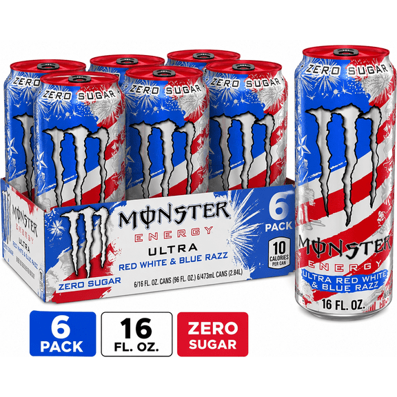 Monster Zero Sugar Ultra Red White & Blue Razz Energy Drink, Blue Raspberry, 16 fl oz Cans, 6 Cans