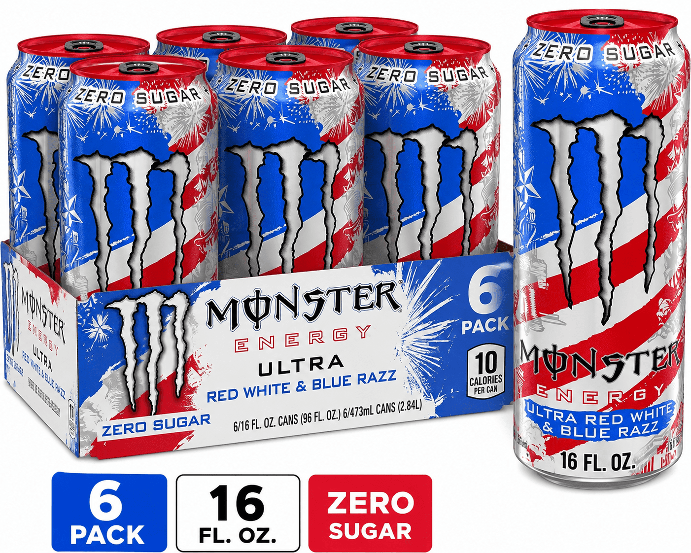 Blue Razz Monter Monster Zero Sugar Ultra Red White & Blue Razz Energy Drink, Blue ...