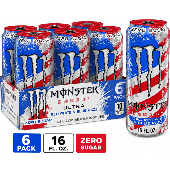 Monster Zero Sugar Ultra Red White & Blue Razz Energy Drink, Blue Raspberry, 16 fl oz Cans, 6 Cans