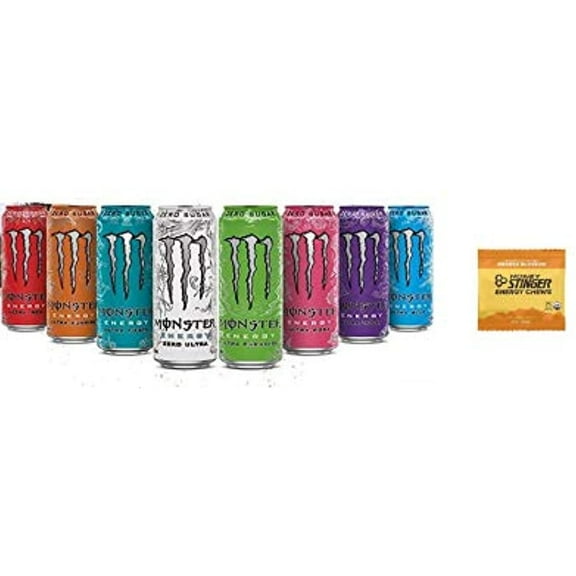 Monster Zero Ultra Variety: Zero Ultra, Ultra Red, Ultra Violet, Ultra Blue, Sunrise, Paradise, Rosa, Fiesta, 16 Ounce (Pack Of 16) And Stinger Orange Blossom Chews