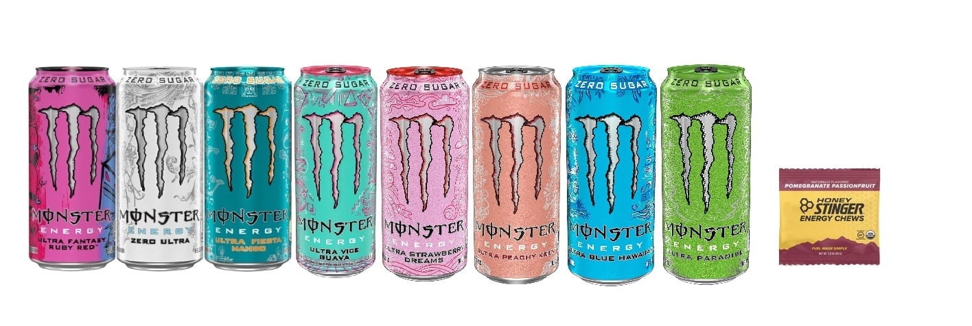 Monster Zero Ultra Variety: Zero Ultra, Ruby Red, Fiesta, Blue Hawaiian, Peachy Keen, Vice Guava, Strawberry Dreams, Paradise 16 Ounce (Pack of 16) + Stinger Chews