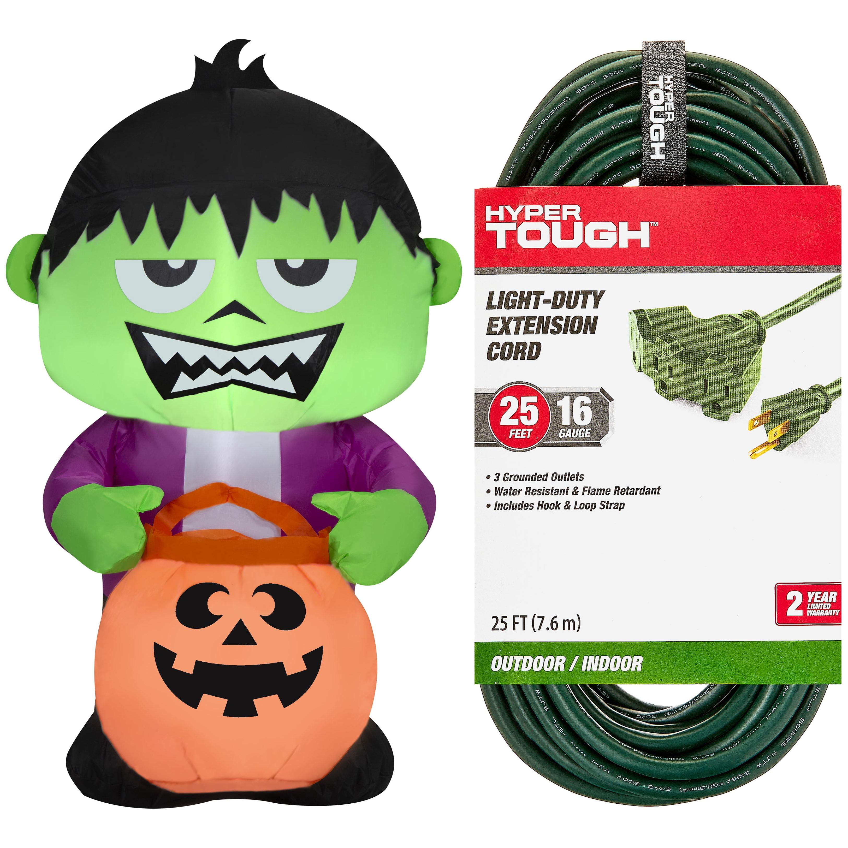 Monster with Jack-o'-Lantern Tote Yard Inflatable + Hyper Tough 25FT Tri-Outlet Outdoor Extension Cord