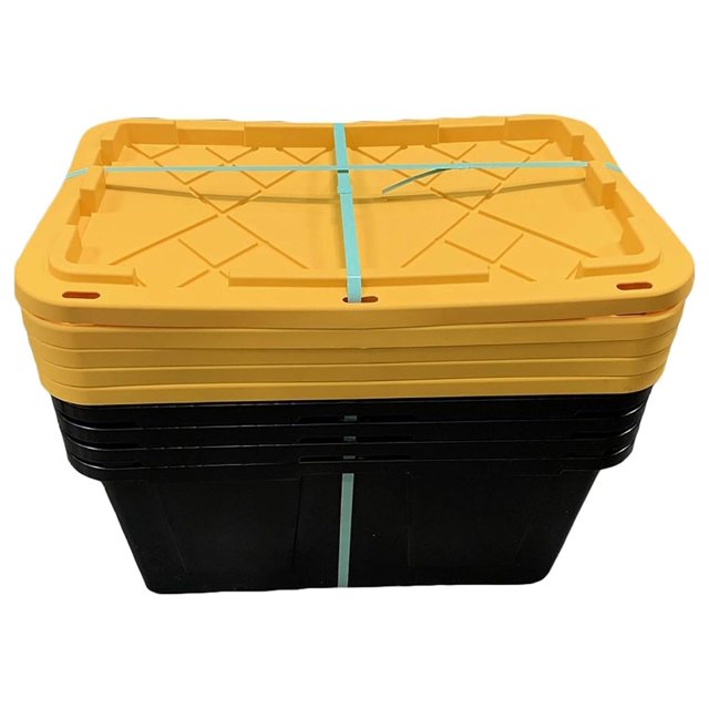MonsterRAX 27 Gallon Storage Bins Stackable, Lockable, Yellow Lids, Black Bin, 5pack