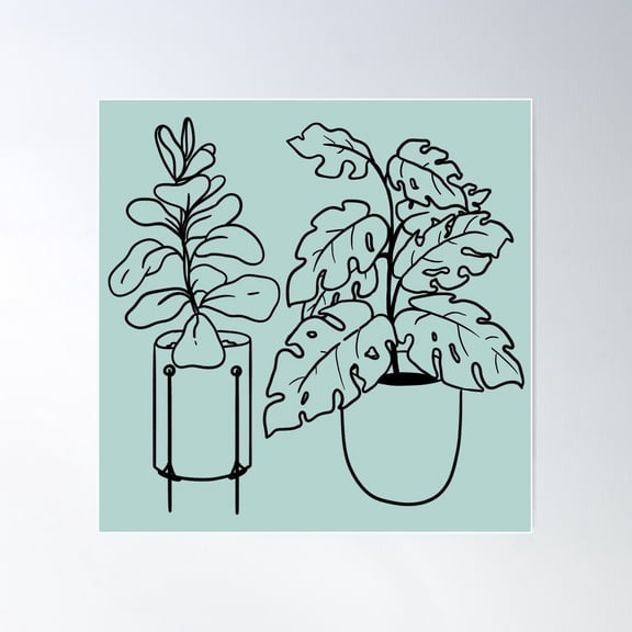 Monstera And Fiddle Leaf Fig Cute Pot Plants (Aqua Theme) Poster Wall Art, Modern Wall Decor For Living Room Bedroom, 16x16 UNFRAMED