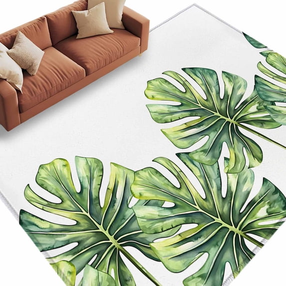 Monstera Area Rug 5x8ft Green Tropical Leaf Non-Slip Washable Square Rugs Soft Felt Indoor Floor Mat for Bedroom Kitchen Living Room Bathroom