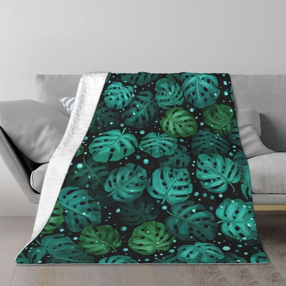Monstera Blanket Flannel Botanical Dark Green Jungle Print Decorative Soft Microfiber Throw For Modern Living Room Sofa Decor 50x40