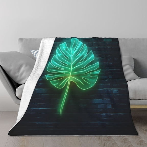 Monstera Blanket Glowing Neon Leaf Design Decorative Soft Microfiber Throw For Bedroom Game Room Wall Decor Style 50x40