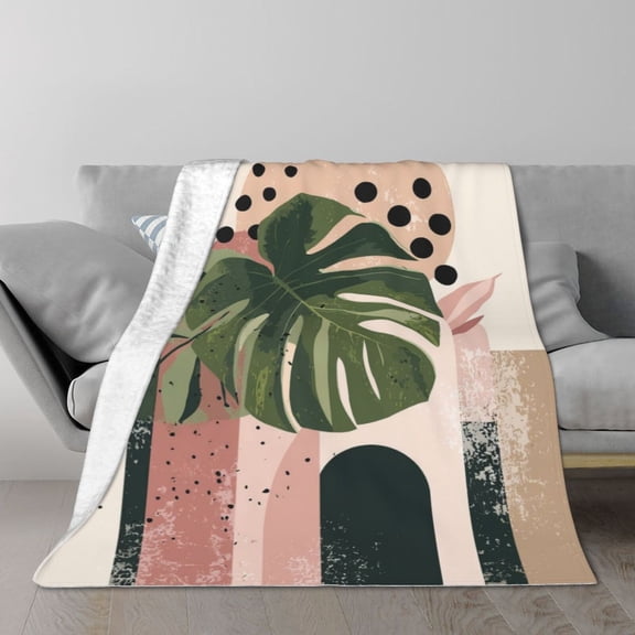 Monstera Blanket Modern Art Leaf Arch Geometric, Warm Soft Flannel Throw For Living Room, Unique Minimalist Aesthetic Decor 50x40