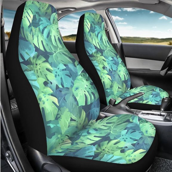 Monstera Car Interior Seat Cover Full Set 11PCS Green Monstera Leaves Nonslip Front Seat Protector with Cup Holder  Keyring