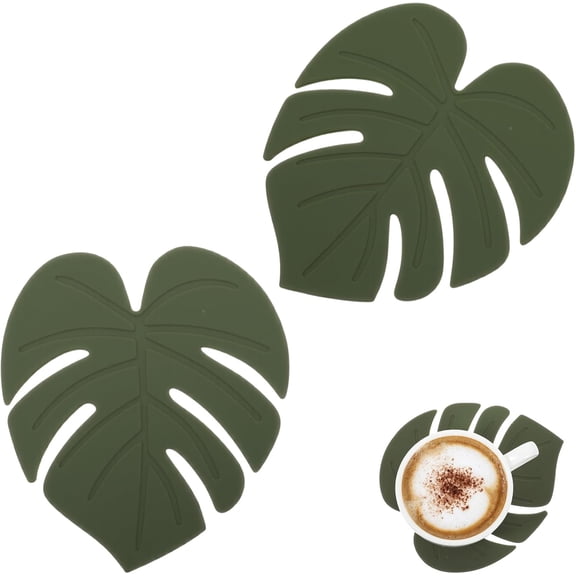 Monstera Coasters, Green Leaf Silicone Heat-Resistant Drink Coasters Trivet Mats Non-Slip Cup Pads for Table Countertop Kitchen Home Office Decor