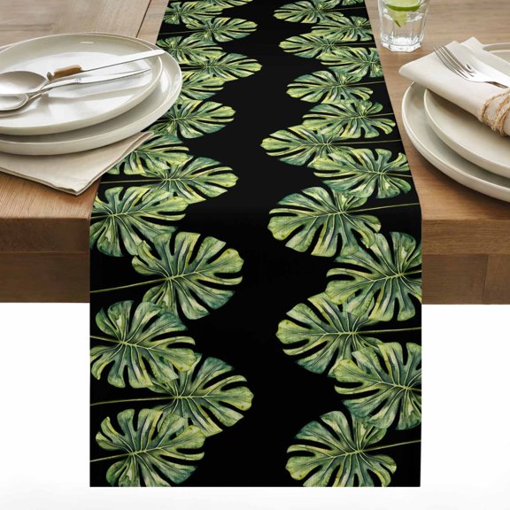 Monstera Cotton Linen Table Runner Green Tropical Leaf Dining Table Runners for Home Decor Party Dining Room Restaurant Kitchen 13" x 48"