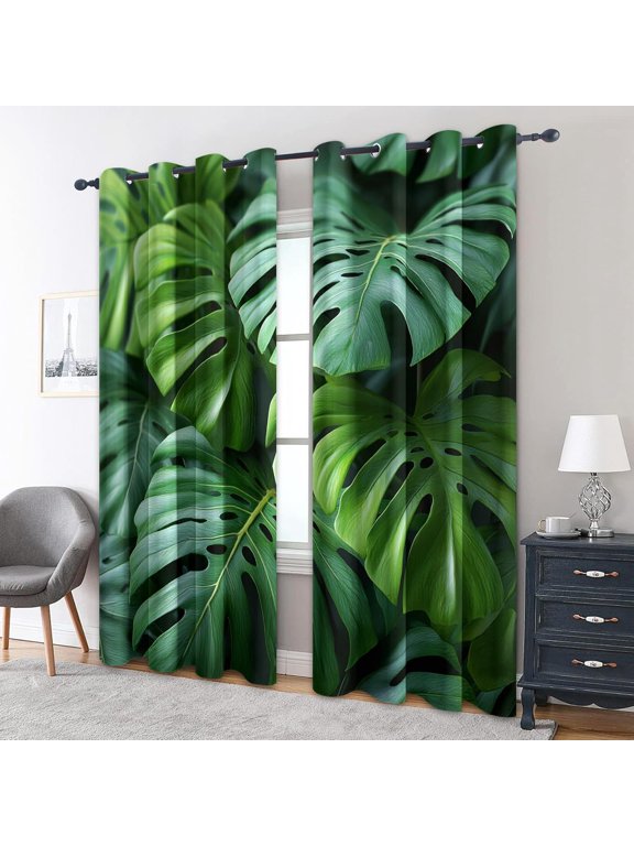 Monstera Curtains Blackout - Tropical Plant Green Leaf Curtains, Monstera Window Curtain for Bedroom, Living Room, Thermal Insulated Grommet Drapes-38"W x 45"L(Pack of 2)