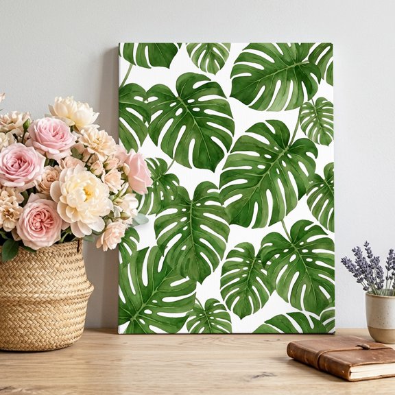 Monstera Deliciosa Canvas Wall Art for Living Room, Emerald Green Tropical Leaf Summer Poster Print Painting for Bedroom Office Home Decoration Wall Pictures Prepare To Hang 24"x32"