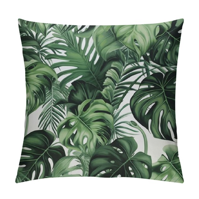 Monstera Deliciosa Green Tropical Leaves Pattern Throw Pillow Throw