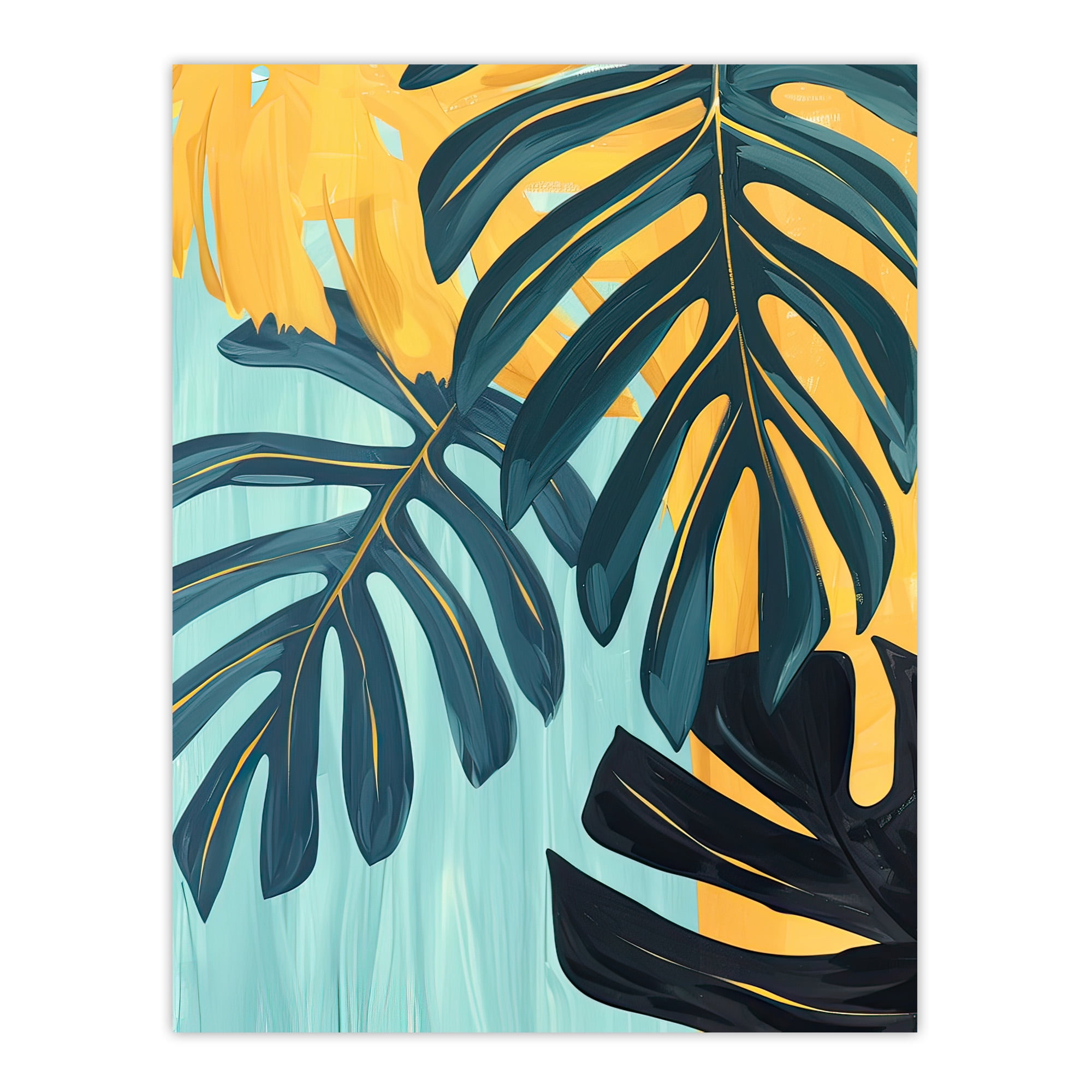Monstera Deliciosa Leaves Teal Yellow Painting Living Room Extra Large XL  Wall Art Poster Print