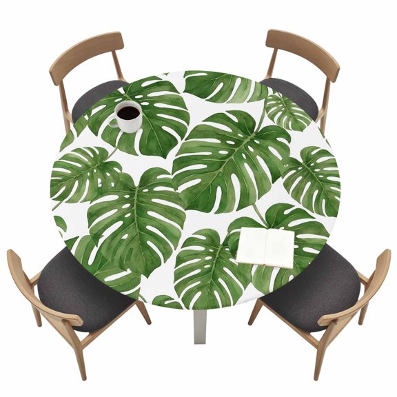 Monstera Deliciosa Round Fitted Table Cover Emerald Green Tropical Leaf Summer Waterproof Table Cloth with Elastic Edge Wipeable Tablecloth for Picnic Camping Party Fits 55"-60" Tables
