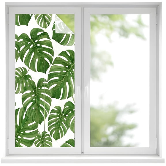 Monstera Deliciosa Window Privacy Film Emerald Green Tropical Leaf Summer Decorative Glass Window Film UV Blocking Static Cling Non-Adhesive Sticker Covering for Home Door 17.7 x 39.3 inches
