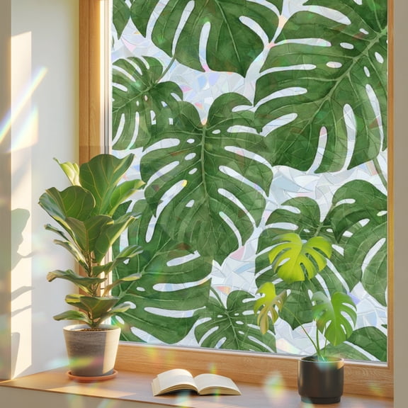 Monstera Deliciosa Window Privacy Film, Emerald Green Tropical Leaf Summer Stained Glass Rainbow Film Decorative Window Clings, Static Cling Sun Blocking Stickers 19.6" x 39.3"